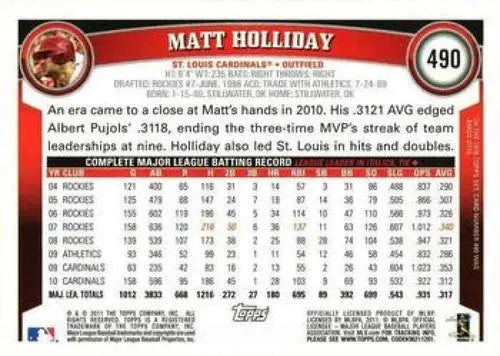Original gloss 2011 Topps Matt Holliday NMMT baseball card featuring Matt Holliday Cardinals