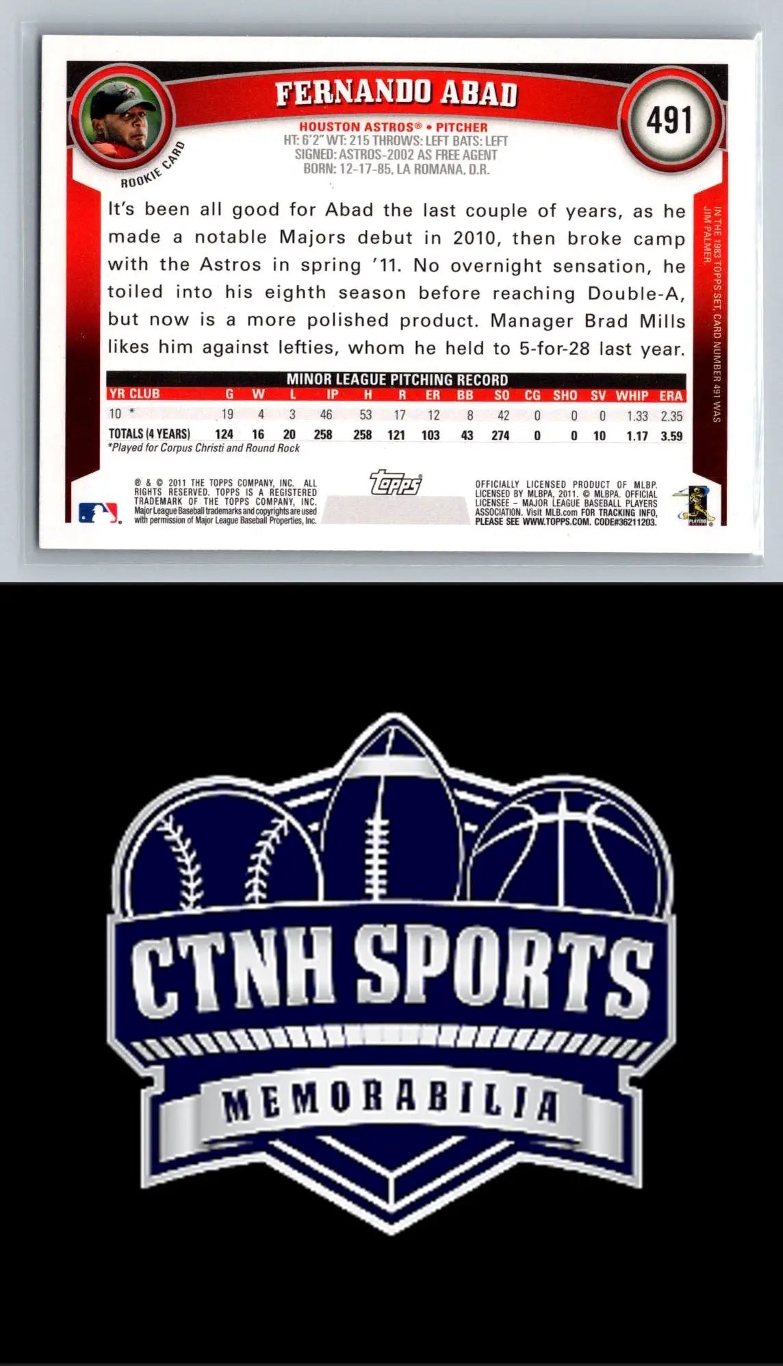 Back view of 2011 Topps #491 Fernando Abad Diamond Anniversary baseball card