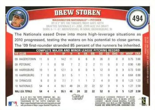 2011 Topps Drew Storen NMMT baseball card featuring Drew Storen of the Nationals
