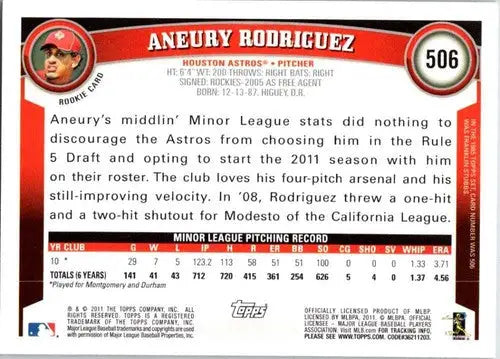 Original gloss of Aneury Rodriguez rookie Astros baseball card back in 2011 Topps #506