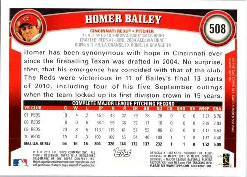 Homer Bailey 2011 Topps baseball card with original gloss, Reds player value