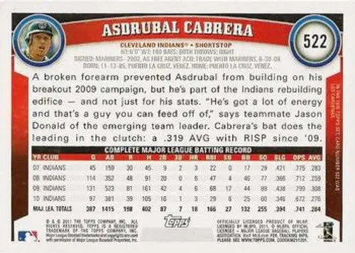 Original gloss Asdrubal Cabrera NMMT baseball card from 2011 Topps #522 featuring Asdrubal Cabrera