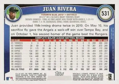 2011 Topps #531 Juan Rivera NMMT Blue Jays ID:7364 - Baseball Card Single