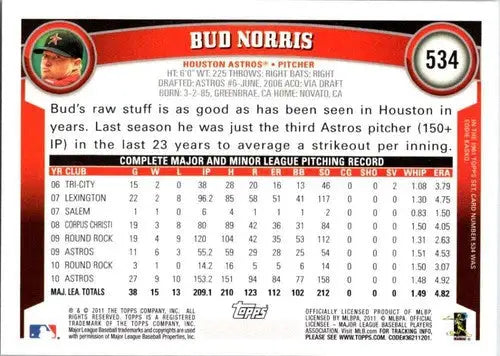 2011 Topps Bud Norris baseball card with original gloss Astros ID 72759