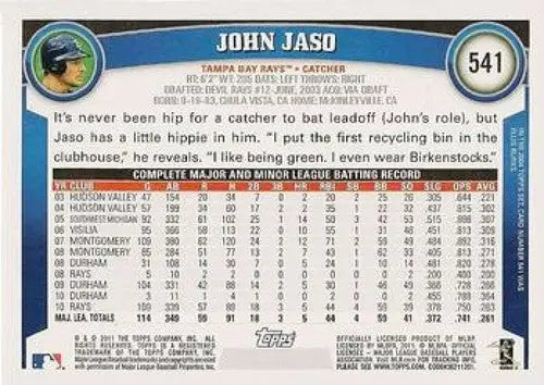 Baseball card back showcasing original gloss for John Jaso NMMT Rays 2011 Topps #541