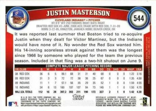 Original gloss Justin Masterson NMMT baseball card from 2011 Topps #544 Indians