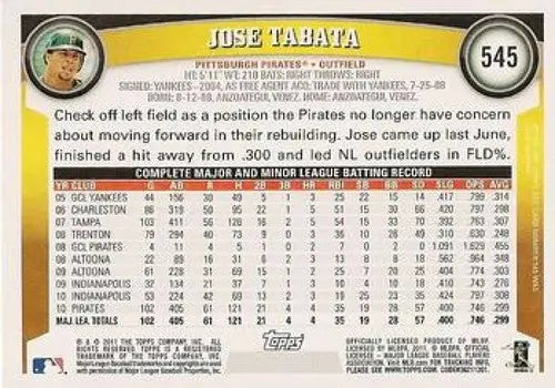 Baseball card back showcasing original gloss for 2011 Topps Jose Tabata NMMT Pirates