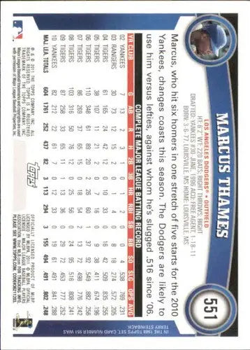 2011 Topps Marcus Thames baseball card with original gloss NM-MT Dodgers ID 73142