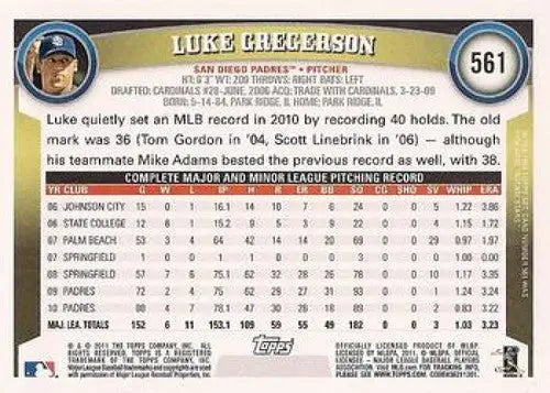 Luke Gregerson baseball card with original gloss from 2011 Topps #561 Padres
