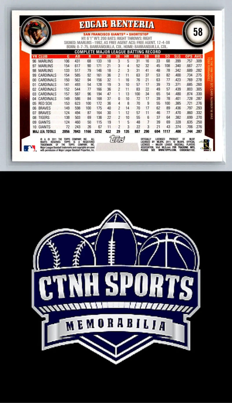Back of 2011 Topps #58 Edgar Renteria Diamond Anniversary baseball card