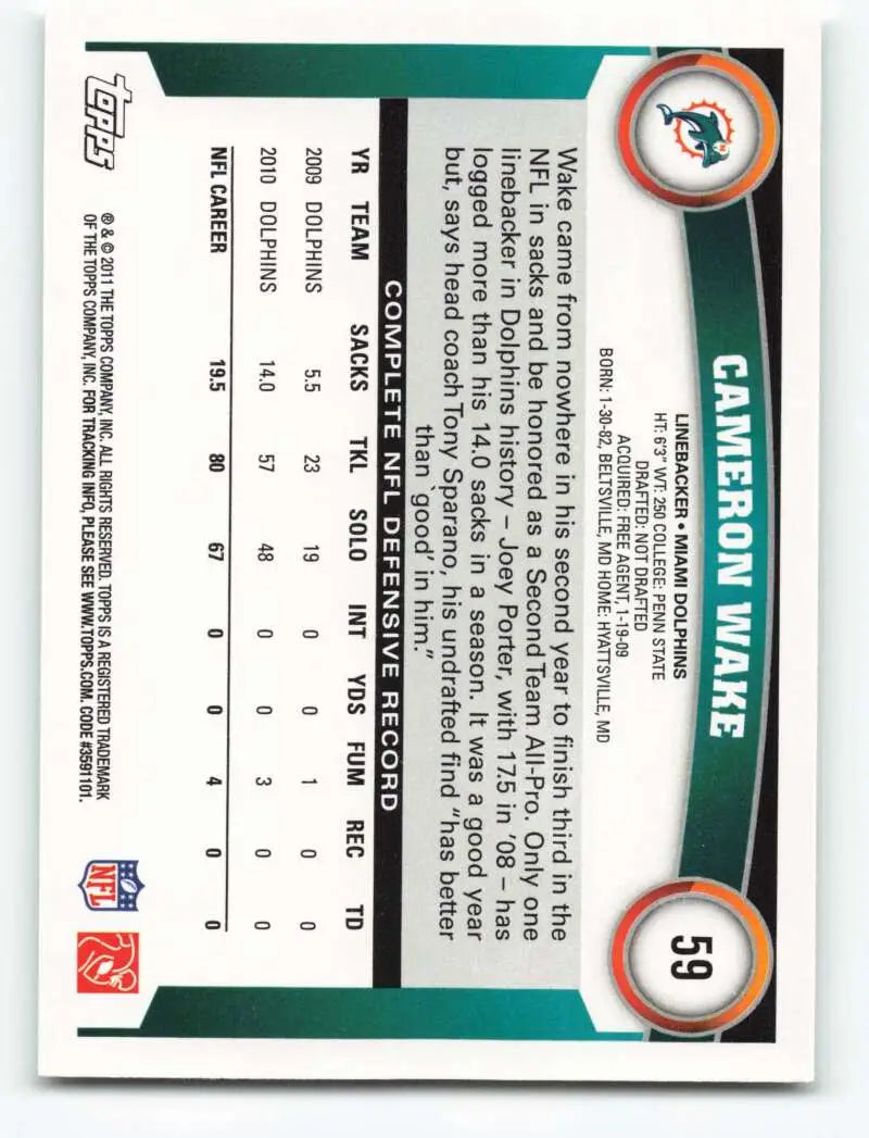 2011 Topps #59 Cameron Wake NM-MT Dolphins ID:82031 - Football Card Single