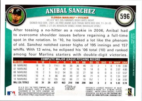 Original gloss Anibal Sanchez baseball card 2011 Topps NM-MT Marlins image