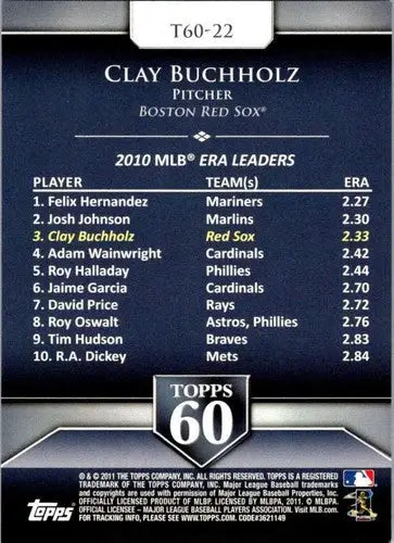 2011 Topps Topps 60 Clay Buchholz baseball card with original gloss and Red Sox design