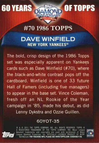 Original gloss Dave Winfield baseball card 60YOT-35 Dave Winfield Yankees NM-MT