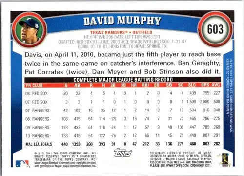 2011 Topps David Murphy baseball card showing original gloss and NM-MT condition