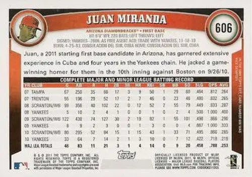 Original gloss Juan Miranda NMNT baseball card from 2011 Topps #606 Diamondbacks