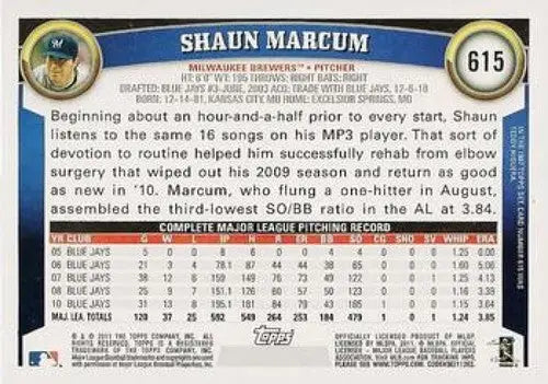 2011 Topps #615 Shaun Marcum NMMT Brewers ID:7388 - Baseball Card Single