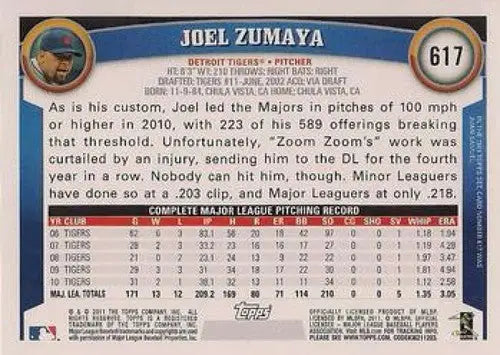 Original gloss Joel Zumaya baseball card from 2011 Topps #617 featuring Joel Zumaya NMNT Tigers