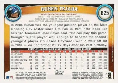 Original gloss Ruben Tejada NMNT baseball card from 2011 Topps #625 Mets product
