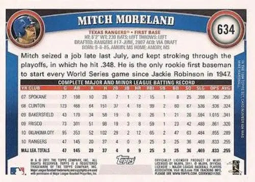 Original gloss Mitch Moreland NMNT baseball card from 2011 Topps #634 Rangers