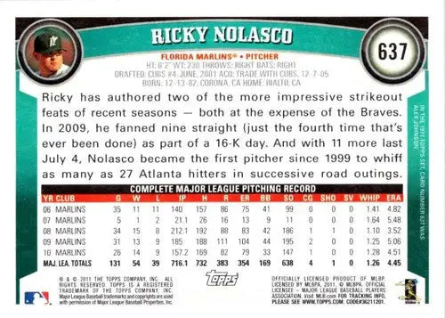 Original gloss Ricky Nolasco NM-MT baseball card from 2011 Topps #637 Marlins