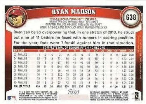 Original gloss Ryan Madson NMMT baseball card from 2011 Topps #638 Phillies