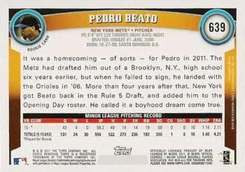 Pedro Beato baseball card 2011 Topps #639 NMMT RC Rookie Mets original gloss