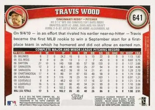 Original gloss of Travis Wood NMMT baseball card from 2011 Topps #641 featuring Travis Wood