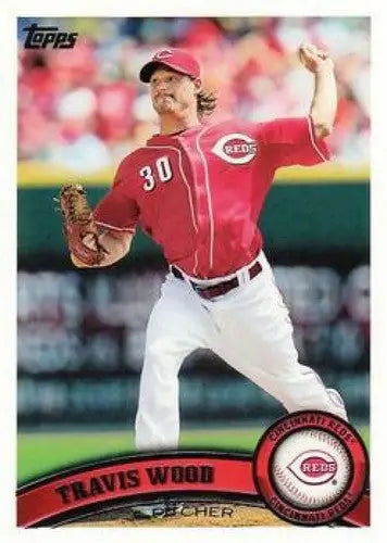 Original gloss baseball card of Travis Wood NMNT from 2011 Topps #641 Reds