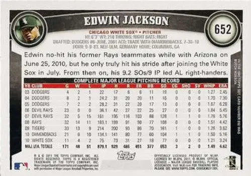 Baseball card back featuring Edwin Jackson NMMT from 2011 Topps #652 White Sox