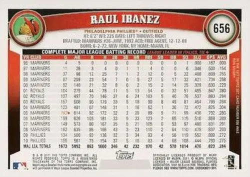 Original gloss Raul Ibanez NMMT baseball card from 2011 Topps #656 featuring Raul Ibanez