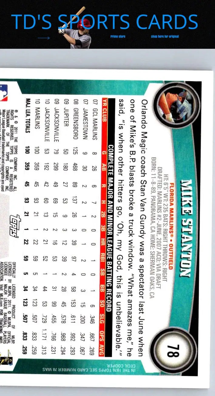 2011 Topps 78a Mike Stanton baseball card showcasing Mike Stanton collectible