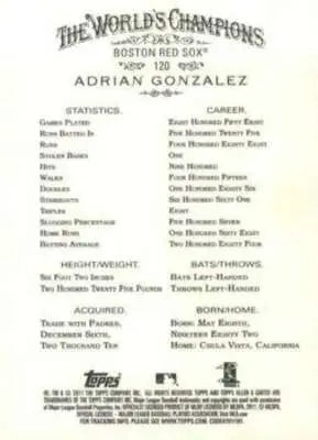 2011 Topps Allen and Ginter #120 Adrian Gonzalez NMMT Red Sox - Baseball Card Single