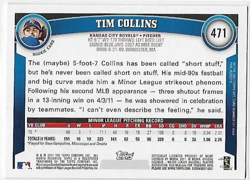 Baseball card back with original gloss for Tim Collins NMMT from 2011 Topps Diamond Anniversary