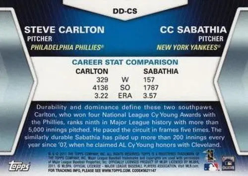 Original gloss Topps Diamond Duos baseball card comparing pitchers Steve Carlton and CC Sabathia