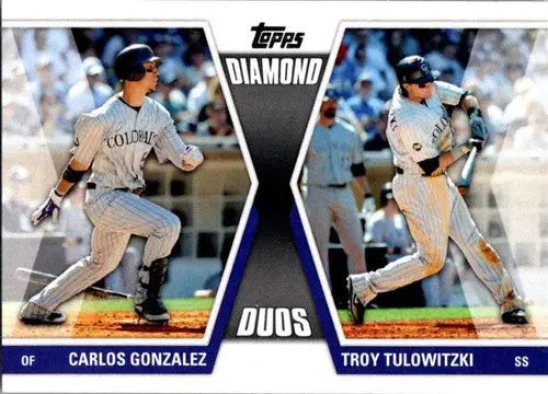 Original gloss Baseball card from Topps Diamond Duos Series 1 featuring Carlos Gonzalez and Troy Tulowitzki