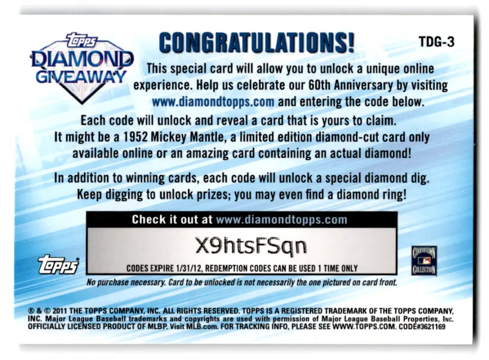 2011 Topps Diamond Giveaway #TDG-3 Reggie Jackson NM-MT Yankees ID:72206 - Baseball Card Single