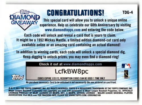 2011 Topps Diamond Giveaway #TDG-4 Albert Pujols NM Near Mint Cardinals ID:64178 - Baseball Card Single