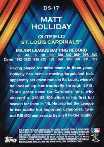 2011 Topps Diamond Stars Matt Holliday baseball card back with original gloss and Cardinals ID