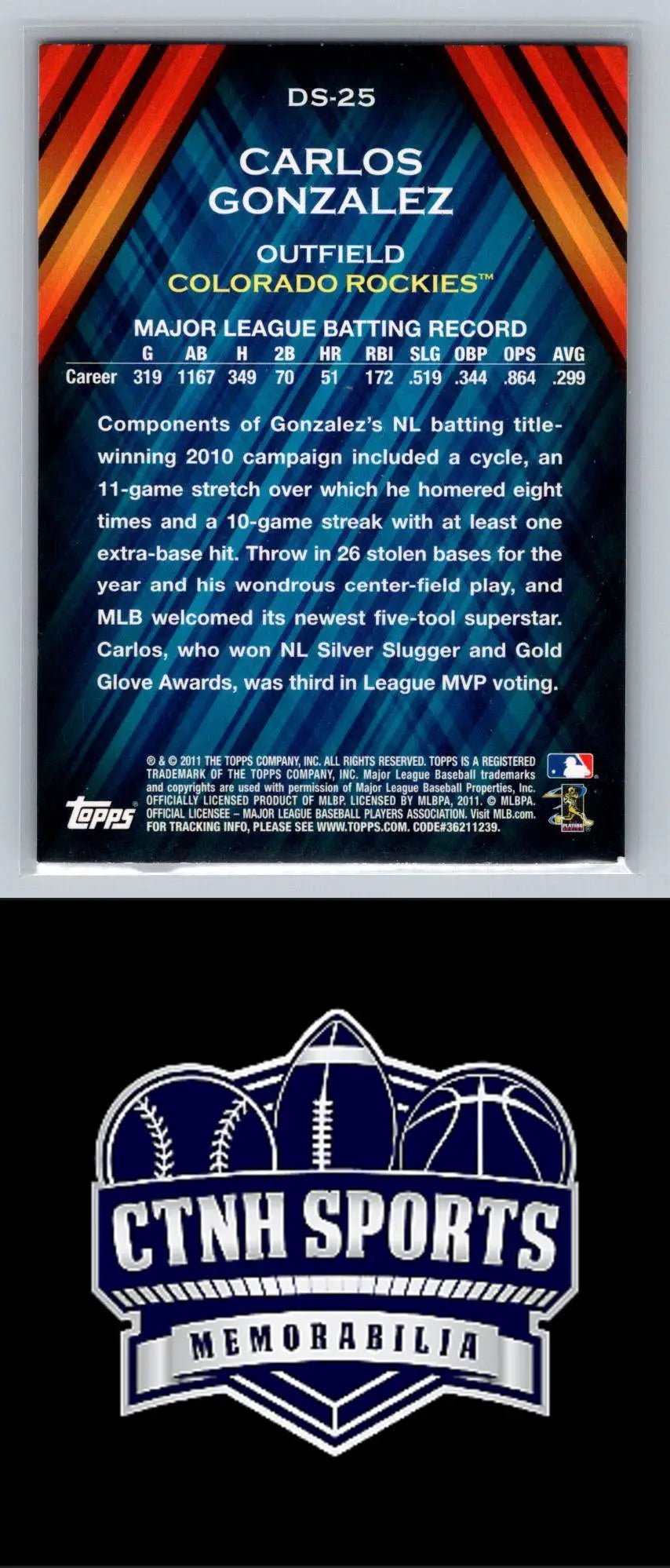 Carlos Gonzalez Diamond Stars baseball card from 2011 Topps featuring the Colorado Rockies