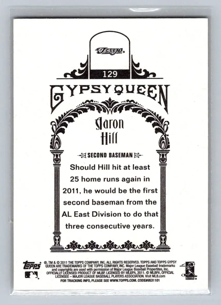 Back view of 2011 Topps Gypsy Queen #129 Aaron Hill Toronto Blue Jays baseball card