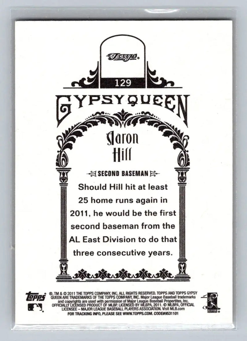 Back view of 2011 Topps Gypsy Queen #129 Aaron Hill Toronto Blue Jays baseball card