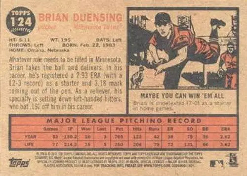 Original gloss Brian Duensing NMMT baseball card from 2011 Topps Heritage Twins collection