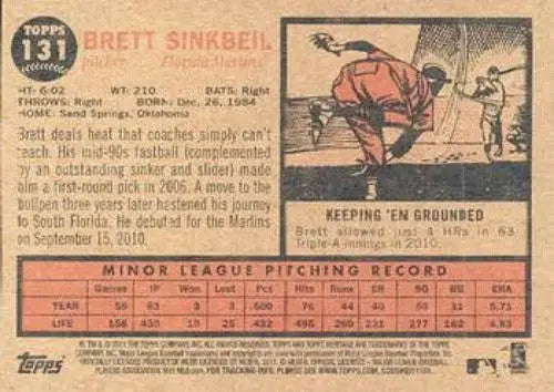 Back of 2011 Topps Heritage Baseball card featuring Brett Sinkbeil rookie with original gloss