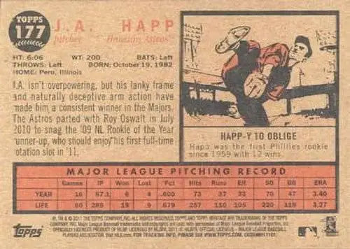 Baseball card back showing original gloss from 2011 Topps Heritage J.A. Happ NMMT Astros