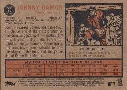 Johnny Damon baseball card from 2011 Topps Heritage featuring Johnny Damon NMMT Rays