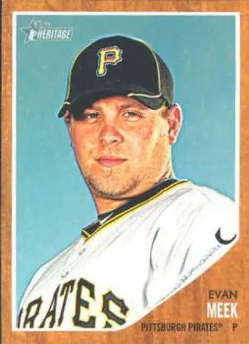Original gloss Evan Meek NMMT baseball card from 2011 Topps Heritage featuring Pirates