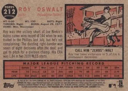 Roy Oswalt NMMT baseball card back from Topps Heritage series