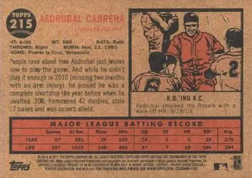 Original gloss 2011 Topps Heritage Asdrubal Cabrera baseball card featuring Asdrubal Cabrera