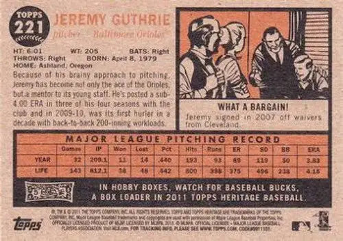 2011 Topps Heritage Jeremy Guthrie NMMT baseball card back with original gloss